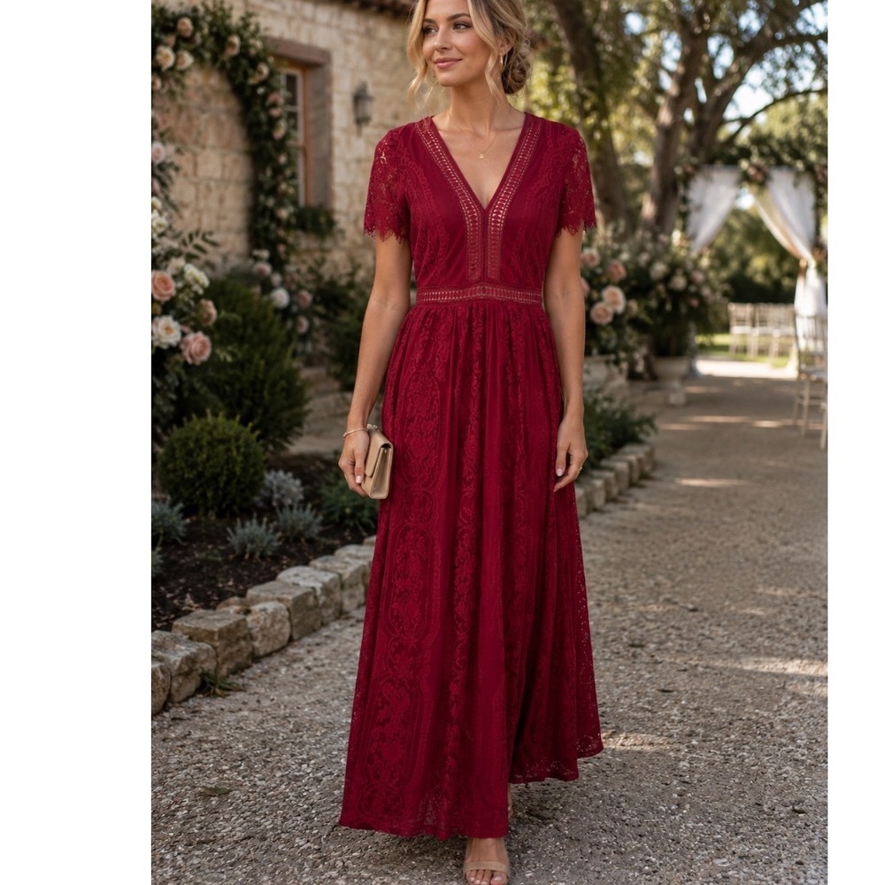 Cottagecore NWT Blencot  Maxi Dress Red Maroon‎ Lace Sz Small Babydoll
